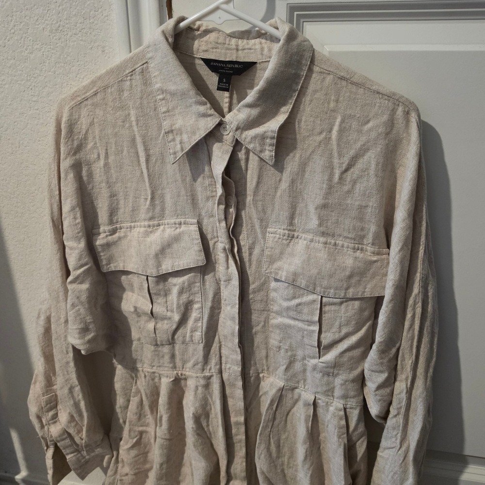 Banana Republic Linen Blend Utility Shirt Dress Tan Oatmeal Small Long Sleeve